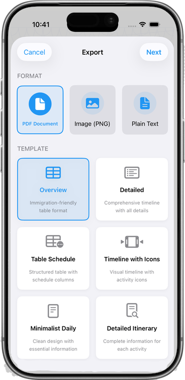 JT Planner export screen showing PDF preview and sharing options